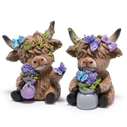 Hodao Highland Cow Figurines with Lavender Rustic Farmhouse Highland Cow Statue Home Decor Relaxing Farmhouse Table Decor Gift for Retired Women Garden Living Room Decoration Purple - Image 3