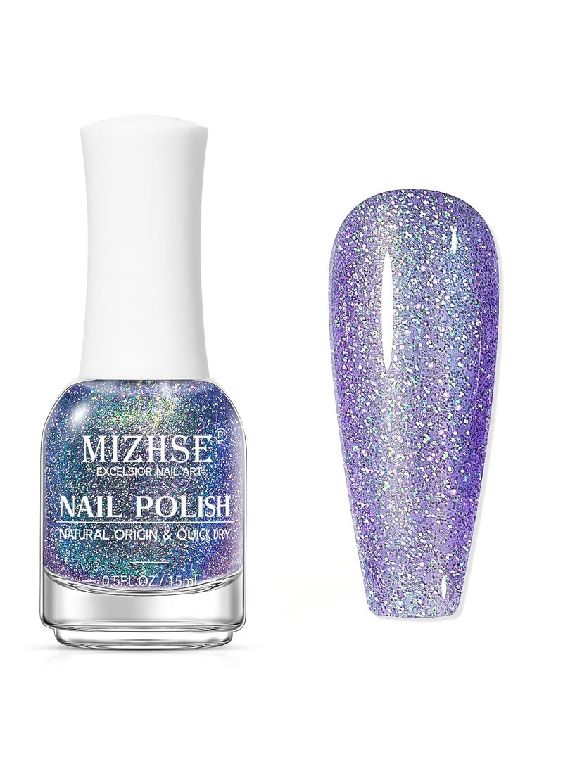 MIZHSE - MIZHSE Quick Dry Nail Polish, Holographic Neon Purple Nail Polish Air Dry Fast, 15ml/0.5 fl oz Regular Sparkle Shimmery Oil-based Glitter Nail Lacquer Non Gel Full Coverage Nail Art Manicure Home - Image 1
