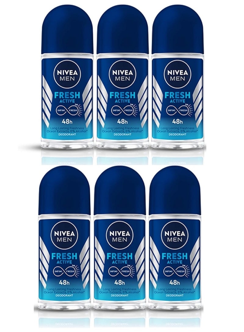 Nivea مزيل عرق نشط للرجال برائحة منعشة رول أون 50 مل عبوة من 6 - Image 1