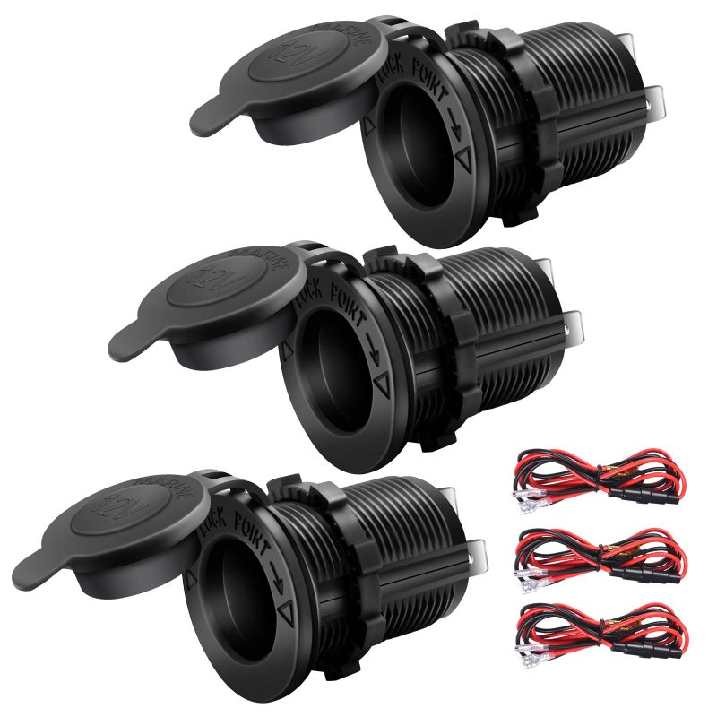 12V Cigarette Lighter Socket Car Marine Motorcycle ATV RV Lighter Socket Power Outlet Socket Receptacle Waterproof Plug3 Pack