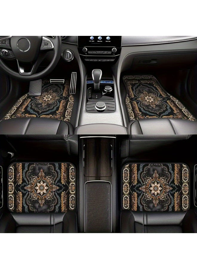 هالامودو 4pcs Bohemian Pattern European Ethnic Car Rubber Mats | Universal Anti-Slip Floor Mat, سهلة التنظيف ملحقات داخلية, مادة مطاطية اصطناعية, لاستخدام المركبة الأمامية والخلفية - Image 1