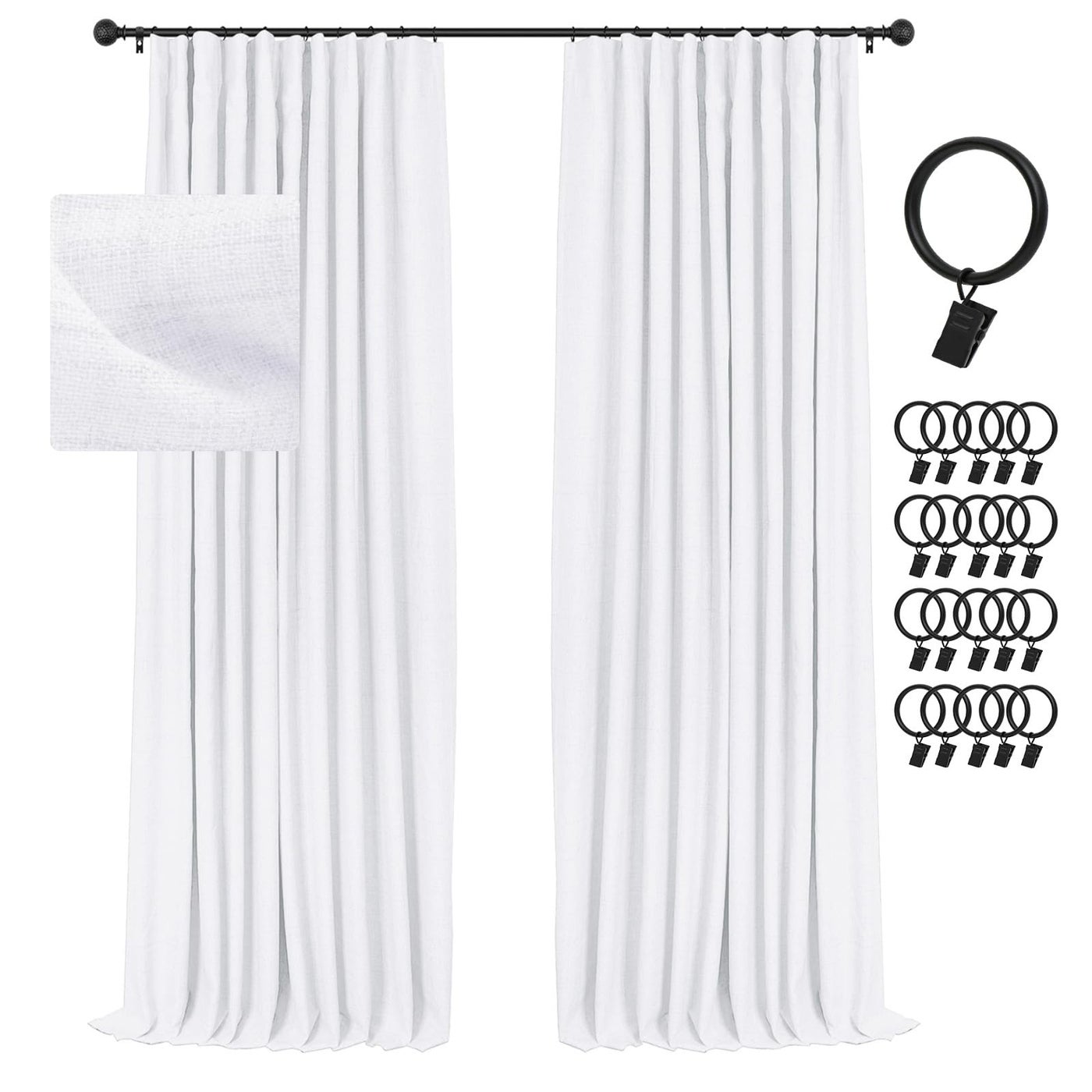 INOVADAY Blackout Curtains 2-Panel Linen Textured 100% Thermal Insulated Room Darkening Sun Blocking Drapes for Bedroom Nursery Living Room + 20 Curtain Ring Clips -W50 x L90 Bright White