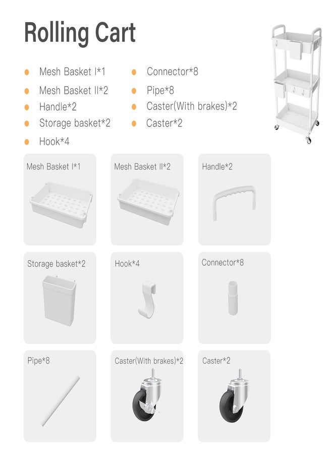 REBECAT 3 Tier Rolling Utility Cart with Handle,REBECAT Utility Cart Made of Multifunctional Storage Organizer Tool for Kitchen,Bathroom,Living Room,Office(White) - Image 4