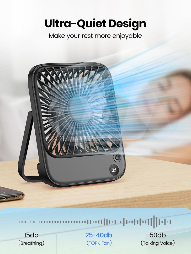 TOPK Mini Rechargeable Table Fan, Ultra-Thin Portable Desk Fan with Digital Display, 4 Speeds High Airflow, Quiet USB-C Personal Fan for Office, Home & Travel (Black, 2000mAh) - Image 5