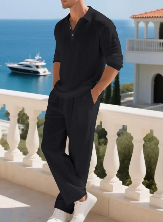 تايك تو Men Linen Casual Polo and Pants Set