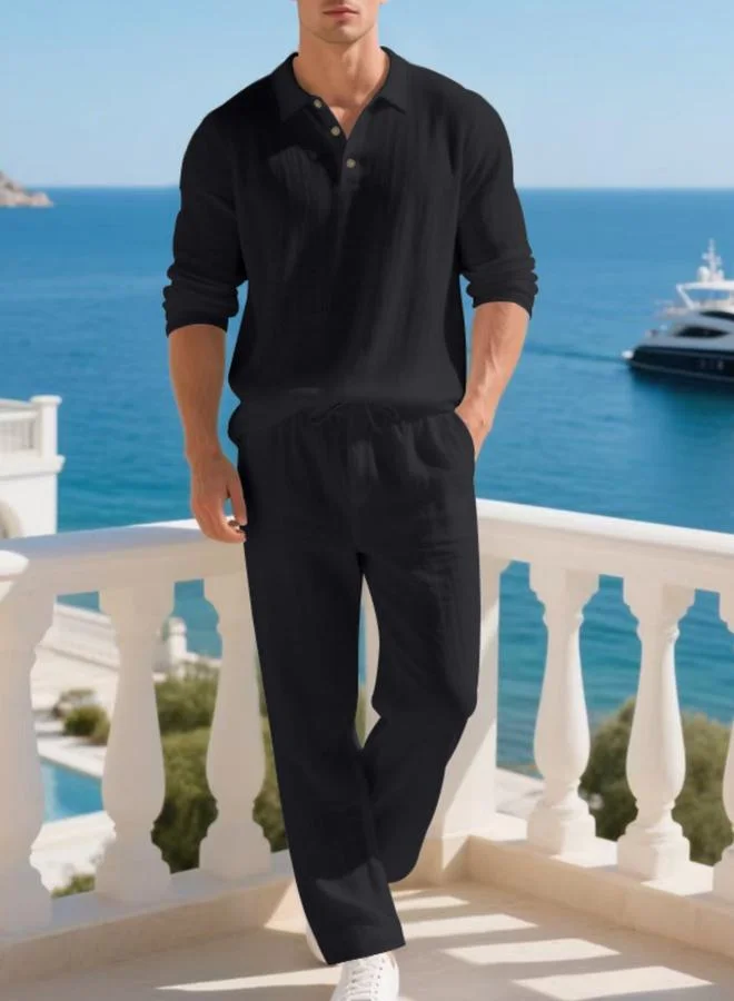تايك تو Men Linen Casual Polo and Pants Set