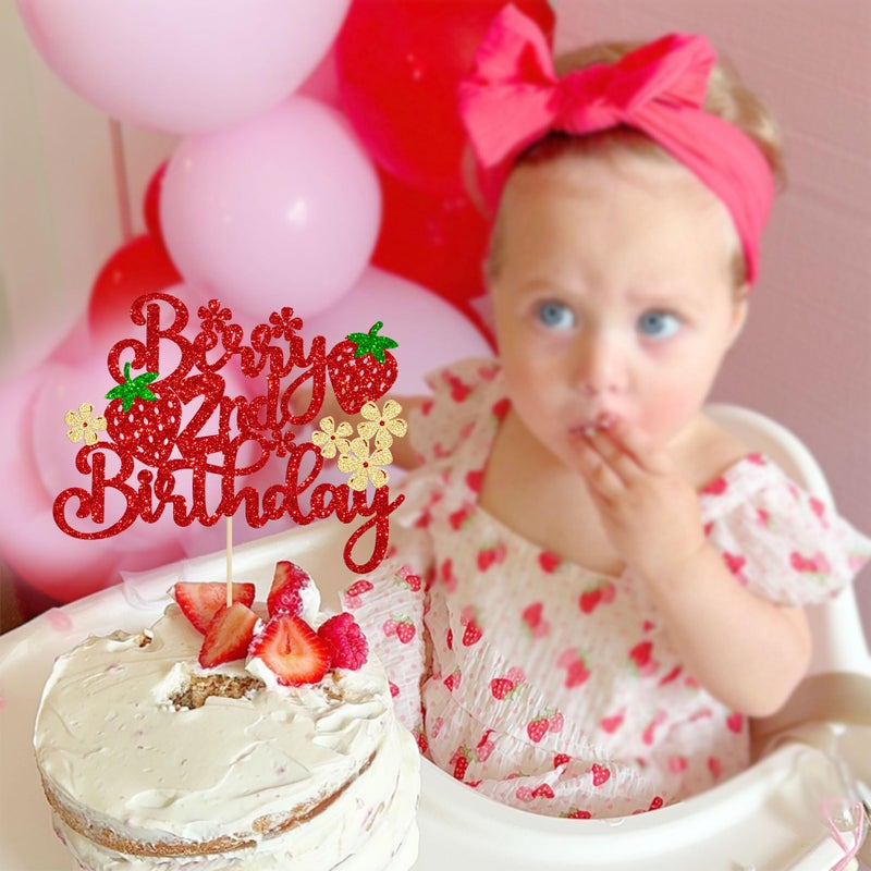 Ephlyn 1Pc Strawberry Berry 2nd Birthday Cake Topper Glitter Second Birthday Flower Strawberry Cake Pick for Sweet Fruit Theme Baby Shower Kids 2nd Birthday Party Cake Decorations Supplies - Image 5