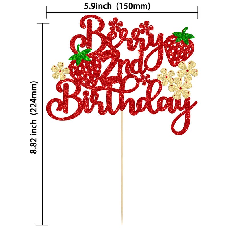 Ephlyn 1Pc Strawberry Berry 2nd Birthday Cake Topper Glitter Second Birthday Flower Strawberry Cake Pick for Sweet Fruit Theme Baby Shower Kids 2nd Birthday Party Cake Decorations Supplies - Image 2