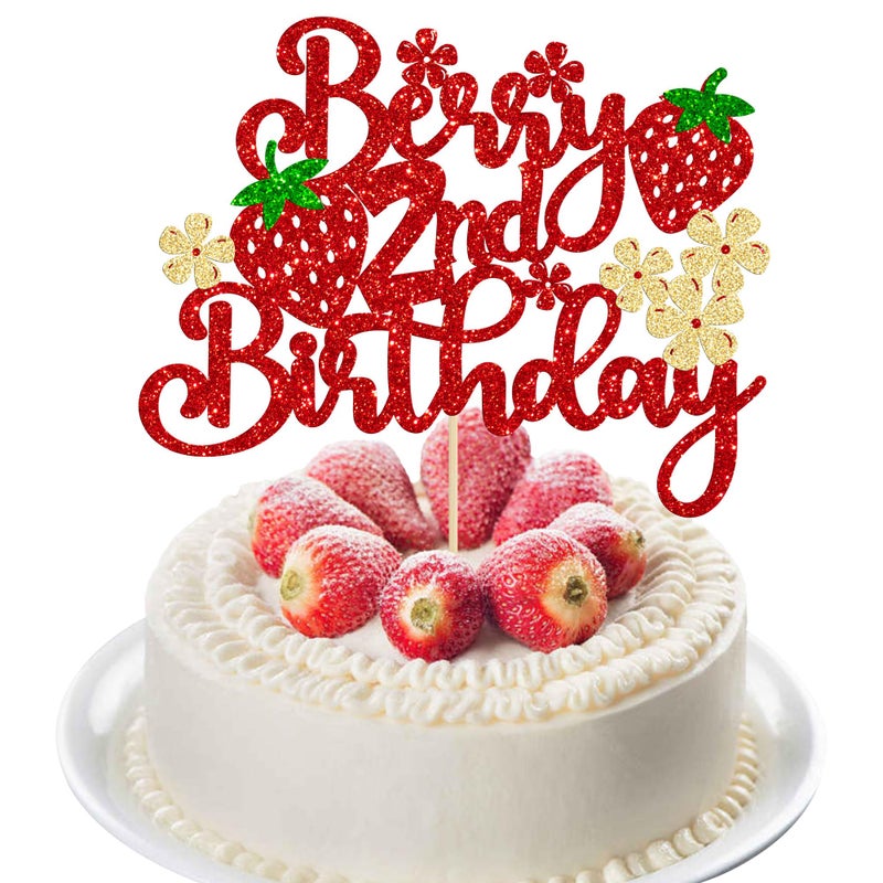 Ephlyn 1Pc Strawberry Berry 2nd Birthday Cake Topper Glitter Second Birthday Flower Strawberry Cake Pick for Sweet Fruit Theme Baby Shower Kids 2nd Birthday Party Cake Decorations Supplies - Image 1