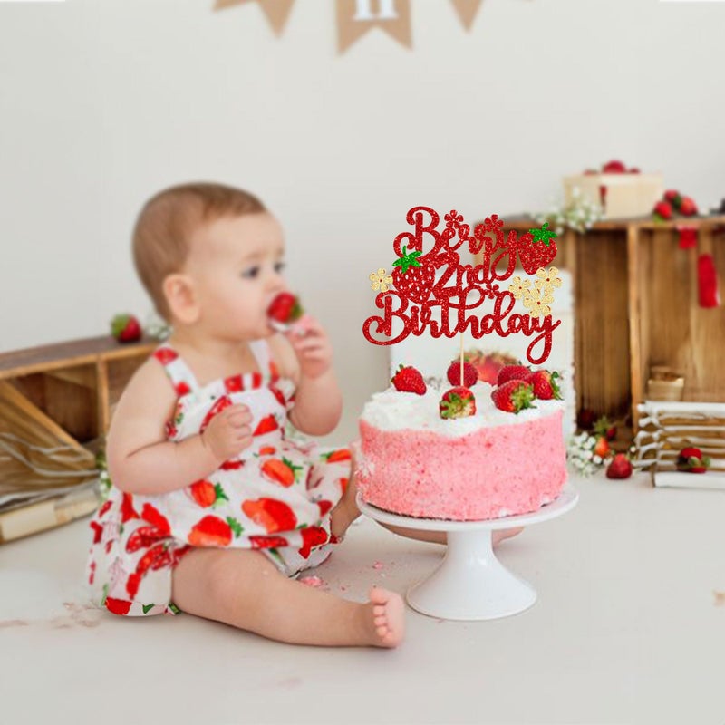 Ephlyn 1Pc Strawberry Berry 2nd Birthday Cake Topper Glitter Second Birthday Flower Strawberry Cake Pick for Sweet Fruit Theme Baby Shower Kids 2nd Birthday Party Cake Decorations Supplies - Image 4
