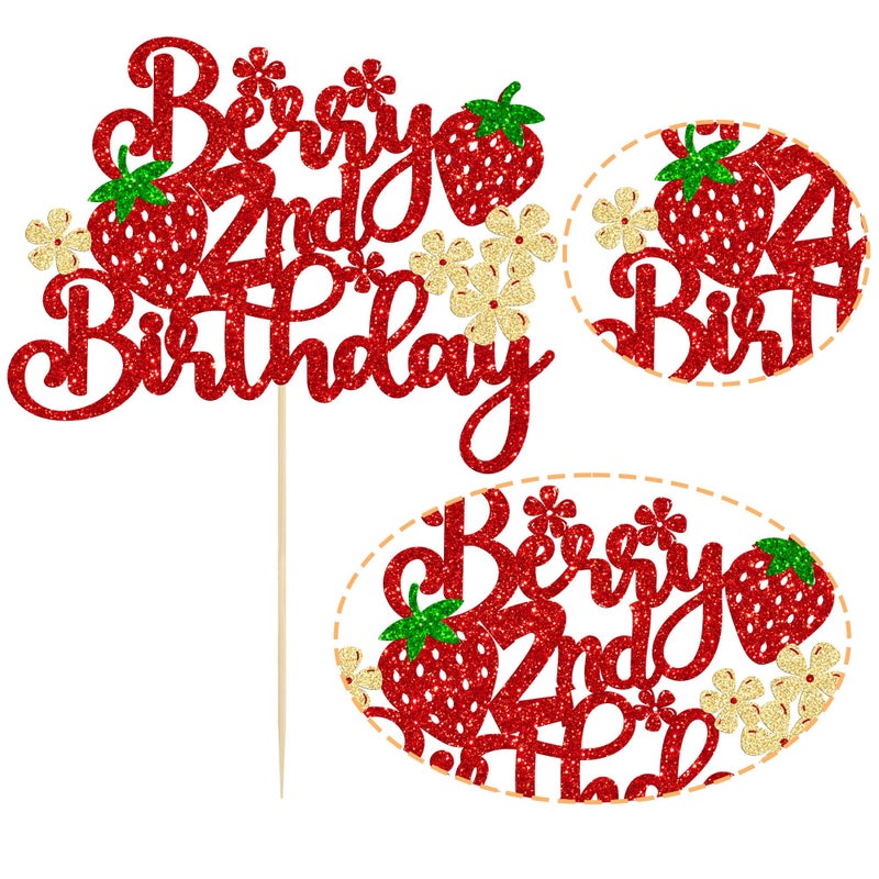Ephlyn 1Pc Strawberry Berry 2nd Birthday Cake Topper Glitter Second Birthday Flower Strawberry Cake Pick for Sweet Fruit Theme Baby Shower Kids 2nd Birthday Party Cake Decorations Supplies - Image 3