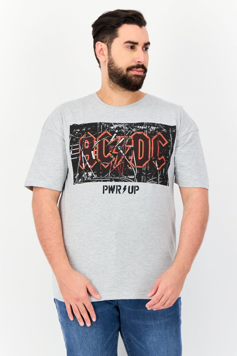 AC/DC تي شيرت رجالي بقصة الأكتاف المنسدلة وياقة دائرية بطباعة جرافيك، رمادي - Image 1