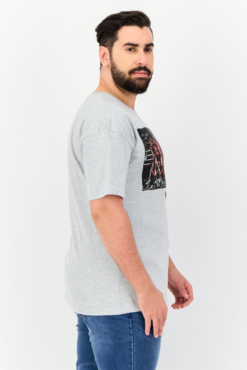 AC/DC تي شيرت رجالي بقصة الأكتاف المنسدلة وياقة دائرية بطباعة جرافيك، رمادي - Image 3