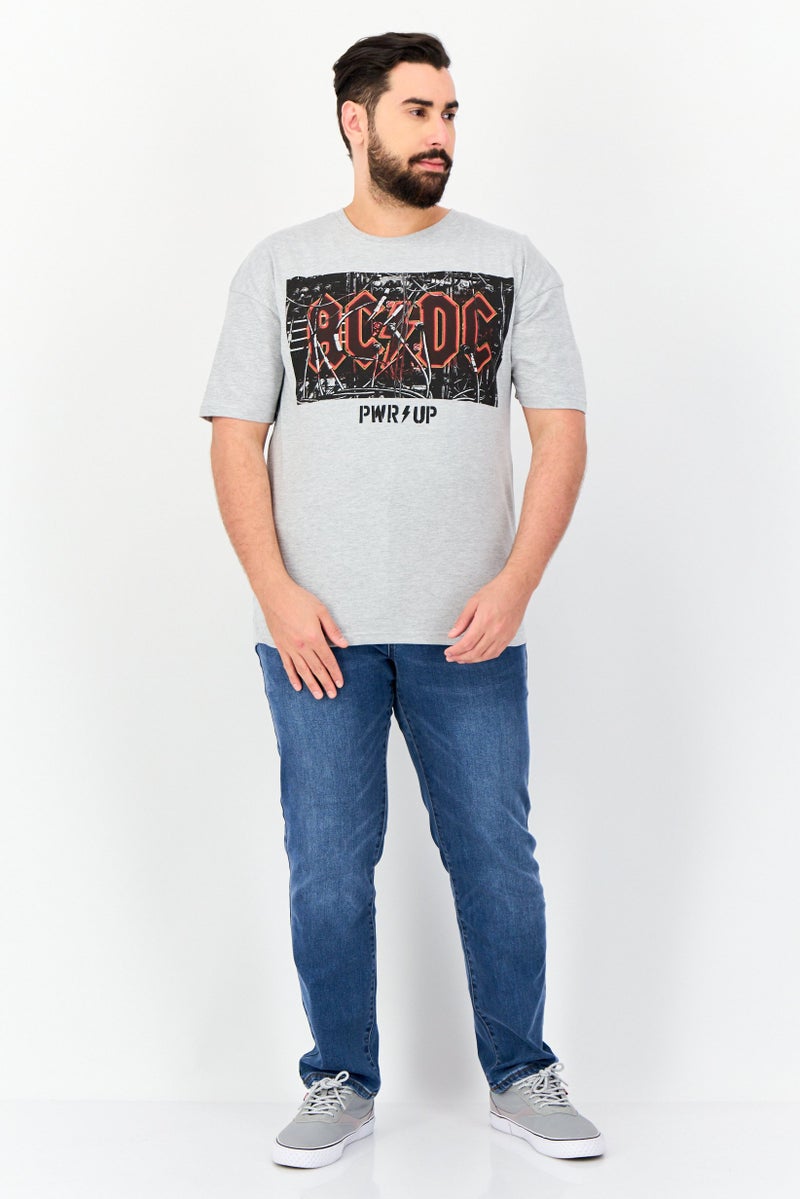AC/DC تي شيرت رجالي بقصة الأكتاف المنسدلة وياقة دائرية بطباعة جرافيك، رمادي - Image 4