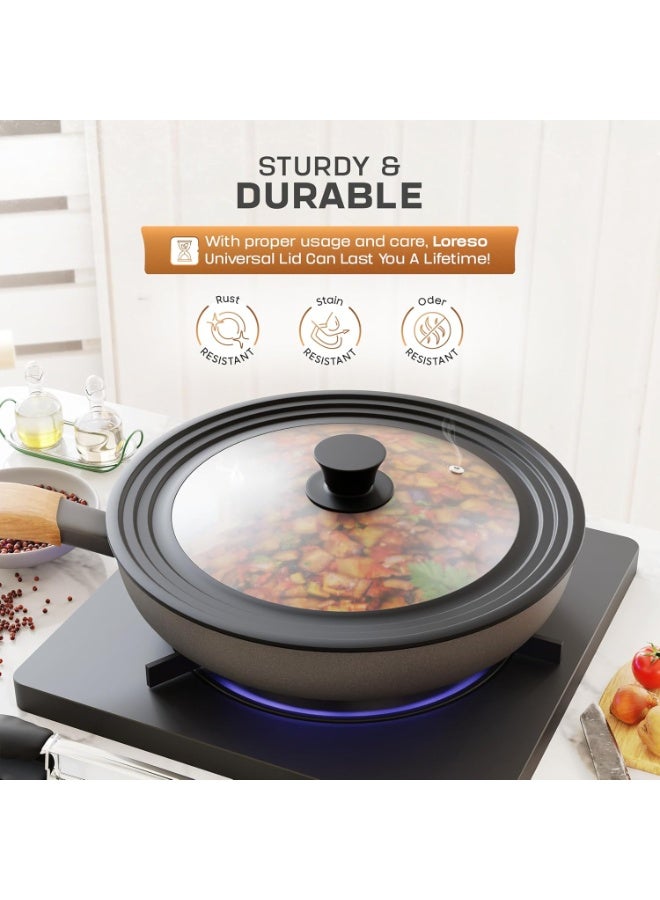 Forest Home Universal Pan Lid for Pots Pans and Skillets (16CM-20CM)- Tempered Glass Pot Lid with Auto-Sizing Silicone Rim - Black - Image 4