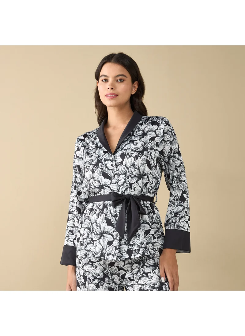 FAV All-Over Floral Print Shirt with Tie-Up and Pyjama Set