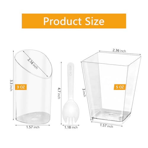SIJDIEE 120 Pcs Mini Dessert Cups with Spoons Include 5 oz Square Plastic Appetizer Cups 3 oz Slanted Round Parfait Shooter Cup, Small Clear Reusable Dessert Bowls Mousse Jello Fruit Pudding for Wedding Party - Image 2