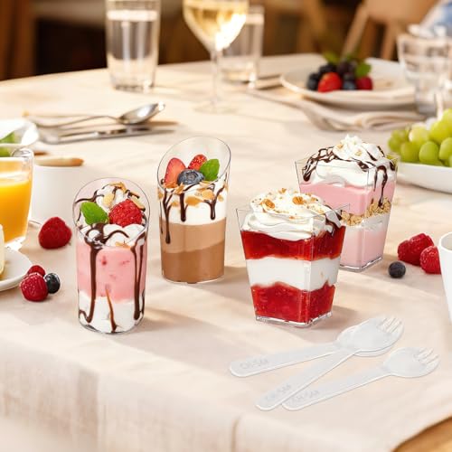 SIJDIEE 120 Pcs Mini Dessert Cups with Spoons Include 5 oz Square Plastic Appetizer Cups 3 oz Slanted Round Parfait Shooter Cup, Small Clear Reusable Dessert Bowls Mousse Jello Fruit Pudding for Wedding Party - Image 4
