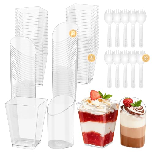 SIJDIEE 120 Pcs Mini Dessert Cups with Spoons Include 5 oz Square Plastic Appetizer Cups 3 oz Slanted Round Parfait Shooter Cup, Small Clear Reusable Dessert Bowls Mousse Jello Fruit Pudding for Wedding Party - Image 1
