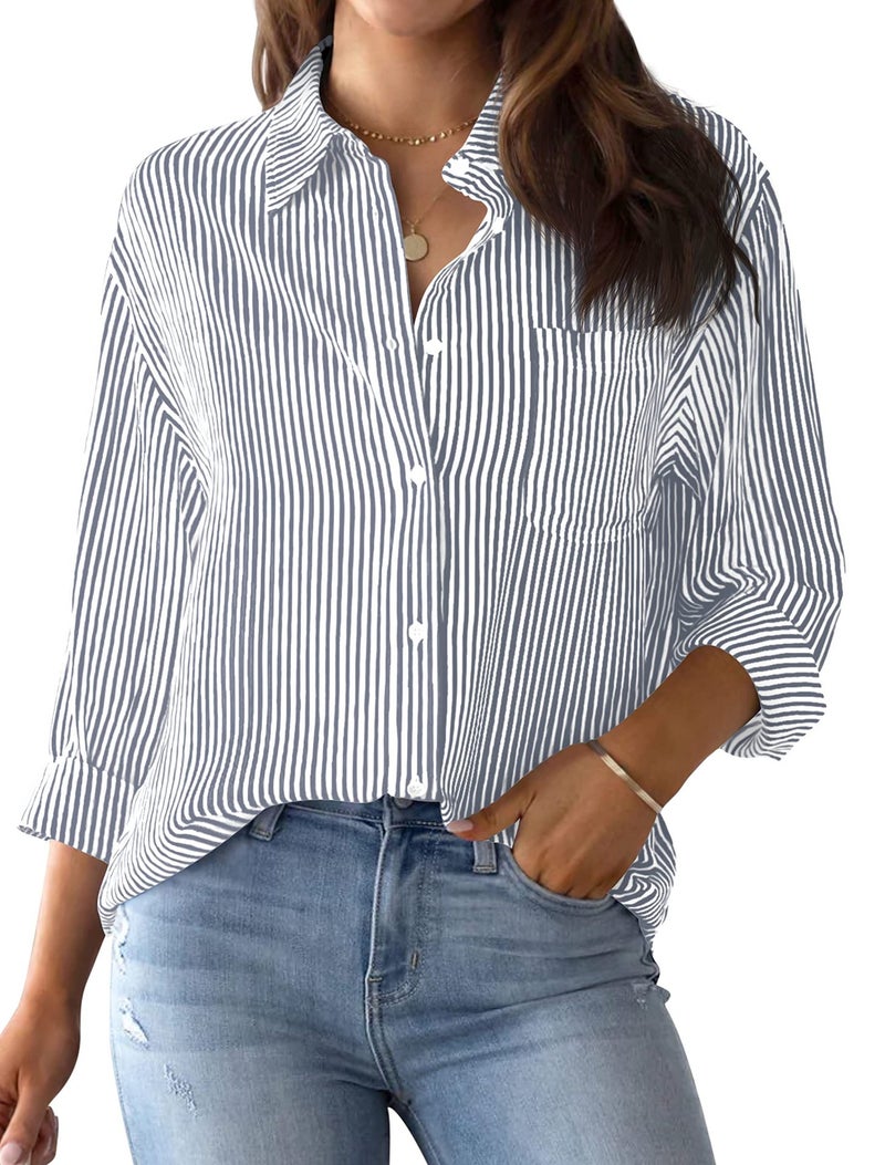 Womens Classic Striped Button-Up Long Sleeve Collared Office Shirt with Pocket Grey 