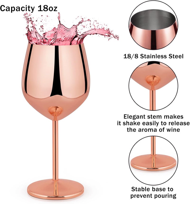 Lifecapido Stainless Steel Stem Wine Glasses Set of 6, 18oz Copper Wine Glasses, Stainless Steel Wine Goblets with Cup Brush for Party Office Wedding Anniversary, Great for Red White Wine(Rose Gold) - Image 2