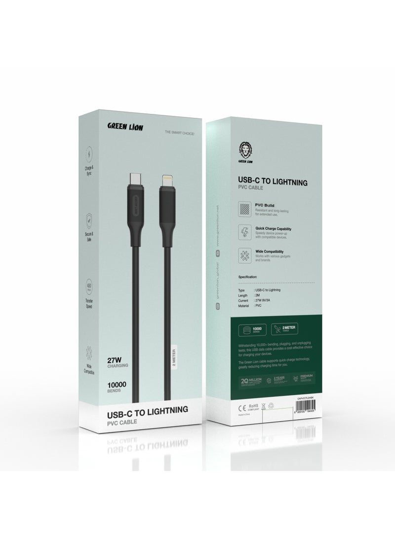 GREEN LION USB-C to Lightning PVC Cable 2M / 480mbps Transfer Speed / Quick Charge Capability / Wide Compatibility / 27W Charging / 10000 Bends Life Span / Secure & Safe / Charge & Sync - Black - Image 2