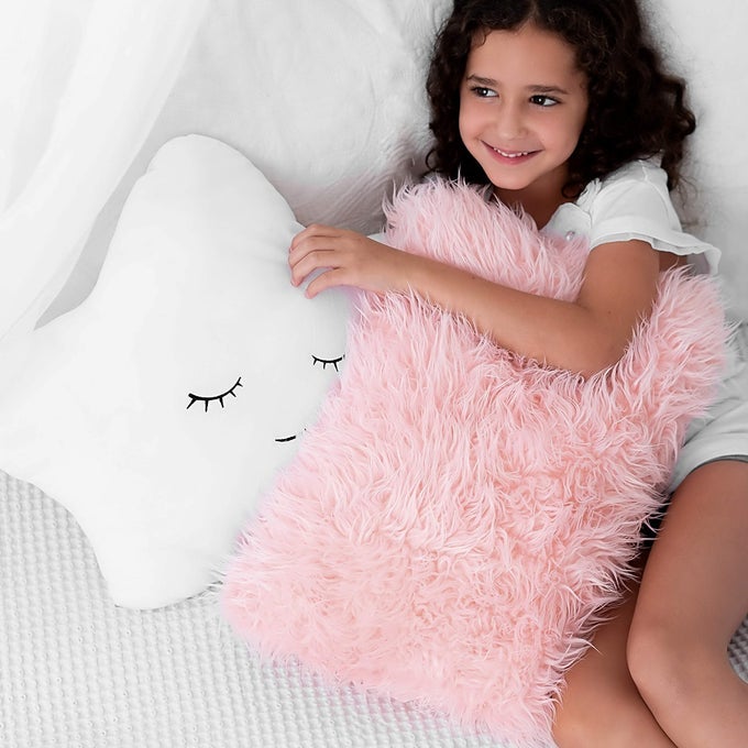SET OF 2 DECORATIVE PILLOWS TODDLER ROOM STAR FLUFFY WHITE EMBROIDERED AND FURRY PINK FAUX FUR SOFT AND PLUSH GIRLS PILLOWS THROW PILLOWS FOR KIDS BEDROOM DCOR