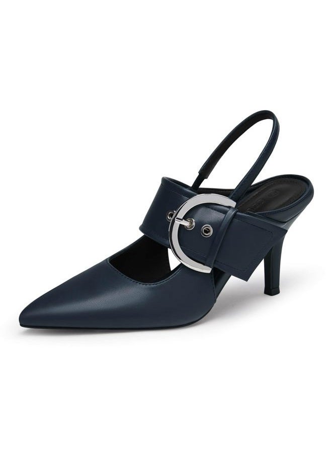 Coutgo Womens Slingback Pumps Closed Pointed Toe High Heels Belt Buckle Strap Dressy Work Shoes, Navy, 8 - Image 1
