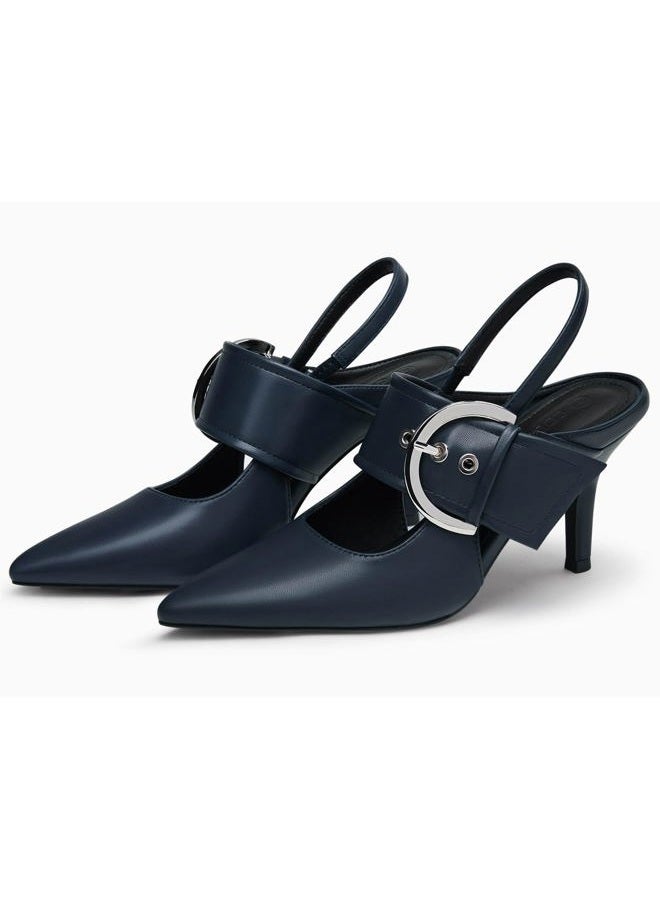 Coutgo Womens Slingback Pumps Closed Pointed Toe High Heels Belt Buckle Strap Dressy Work Shoes, Navy, 8 - Image 3