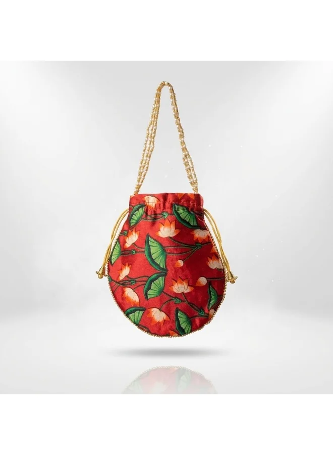 Mobcos Mobcos Red Flower Floral Print Potli Bag Mobcos Red Flower Handcrafted Indian Floral Print Potli Bag for Women | Print Silk Blend Ethnic Drawstring Handbag with Pearl Handle | Traditional Wedding, Bridal, Festive & Party Purse for Women | Best Price UAE