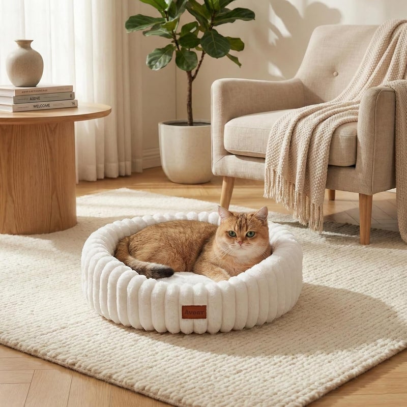 Avont Fluffy Cat Bed, Round Pet Beds for Indoor Cats with Washable Cushion & Non-Slip Bottom, Cozy Sleeping Nest for Kittens & Small Dogs -Cream(S) - Image 2