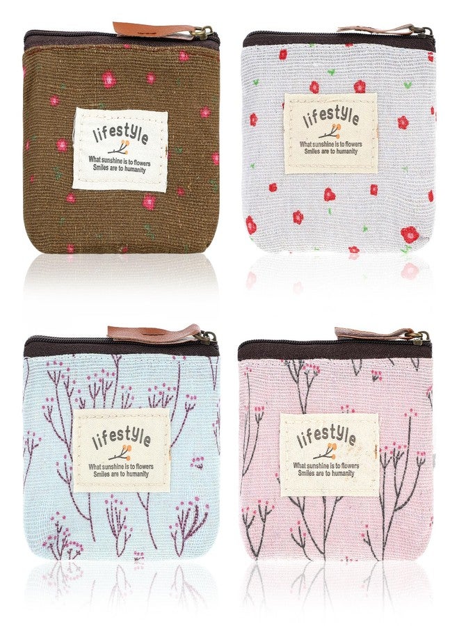 Apausvcm 4Pcs Mini Makeup Bag, Linen Floral Pouch for Purse Small Cosmetic Bag with Zipper Portable Toiletry Organizer Cute Coin Purse Storage Pouch Bag Fabric Cosmetic Pouch for Girl Women - Image 1