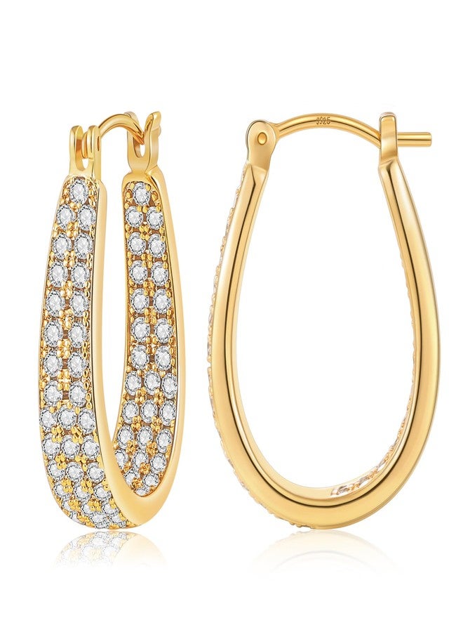 Gacimy Gold Hoop Earrings for Women 14k Real Gold Plated, 6.3mm Thick Chunky Cubic Zirconia Gold Earrings Hoops with 925 Sterling Silver Post, Medium Oval Womens Earrings 30mm - Image 1