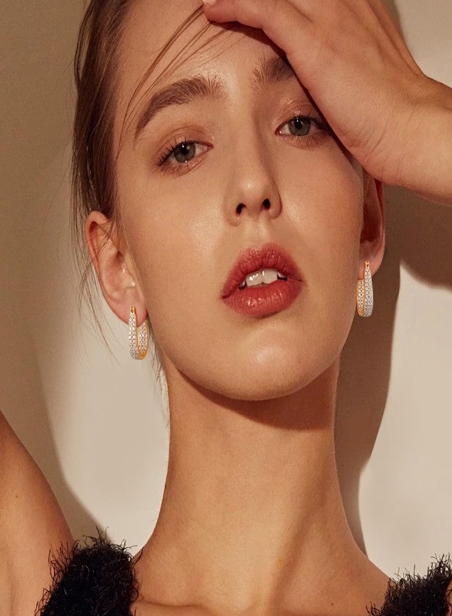 Gacimy Gold Hoop Earrings for Women 14k Real Gold Plated, 6.3mm Thick Chunky Cubic Zirconia Gold Earrings Hoops with 925 Sterling Silver Post, Medium Oval Womens Earrings 30mm - Image 3