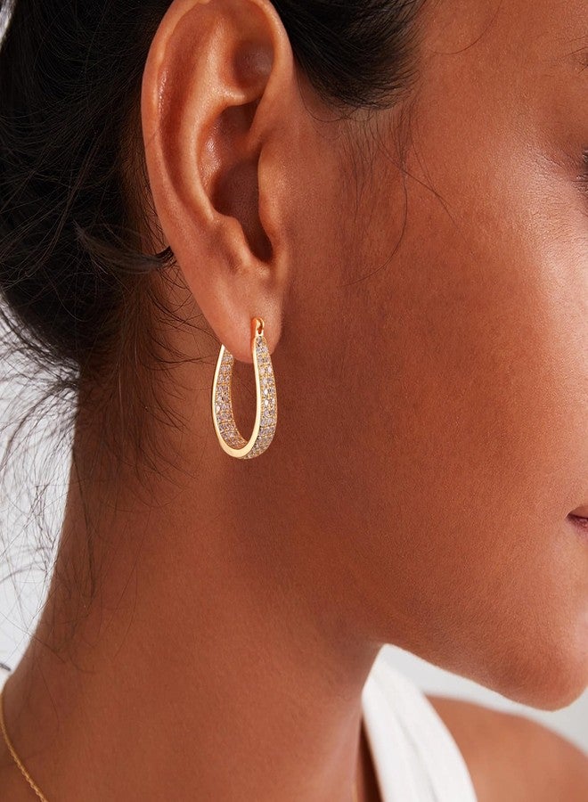 Gacimy Gold Hoop Earrings for Women 14k Real Gold Plated, 6.3mm Thick Chunky Cubic Zirconia Gold Earrings Hoops with 925 Sterling Silver Post, Medium Oval Womens Earrings 30mm - Image 2