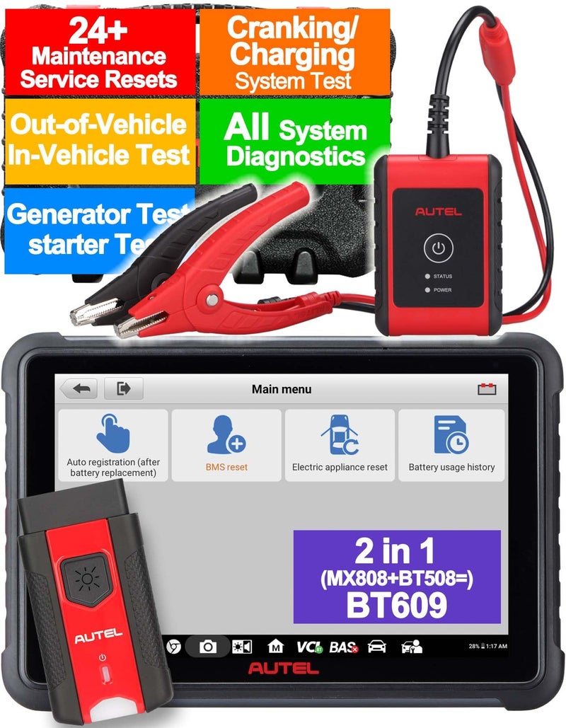 Autel Battery Tester, Code Reader, MaxiBAS BT609 6V-12V Battery 12-24V Cranking/Charging System Analysis Tool, All System Diagnostic, In&Out of Vehicle Test, 28+Service, Better BT608 BT508 BT506 MX808 - Image 1