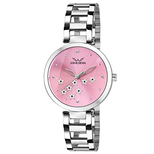 LOUIS DEVIN Stainless Steel Analog Women Watch (Pink Dial Silver Colored Strap), Silver Band - Image 1