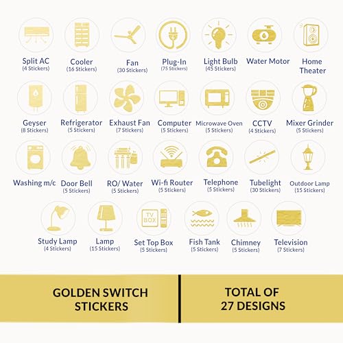 Wonder Hub Premium Golden Holographic Foil Embossed Gold Switch Stickers for Switch Board | Pack of 330 Stickers for Home Including Fan, Light and Many More - Image 4