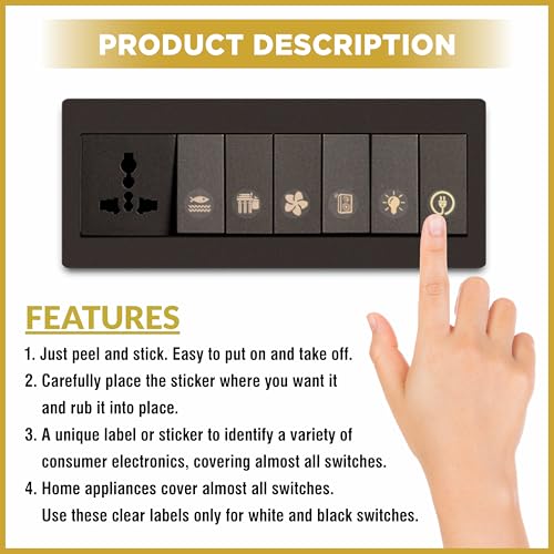 Wonder Hub Premium Golden Holographic Foil Embossed Gold Switch Stickers for Switch Board | Pack of 330 Stickers for Home Including Fan, Light and Many More - Image 5