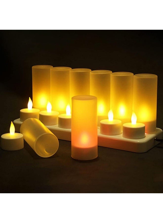 Zikra Rechargeable Tealights with Charging Base 12pcs Flameless Flickering LED Battery Candles with Frosted Cup Realistic Warm Yellow Decorative Lights for Home Table Decor - Image 1