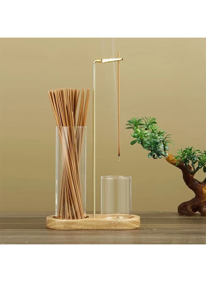 Wood Color Incense Holder With Removable Glass Ash Catcher And Storage Compartment - Image 1
