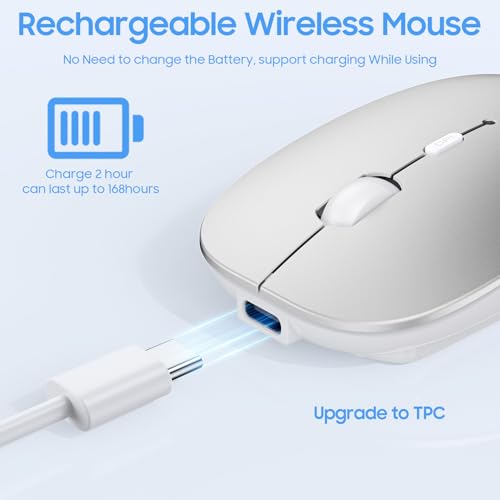 SUNGI Bluetooth Mouse for Laptop/Tablet/iPhone/Android PC,Rechargable Quiet Slim Mice Compatible with Windows/Linux,Silver - Image 3