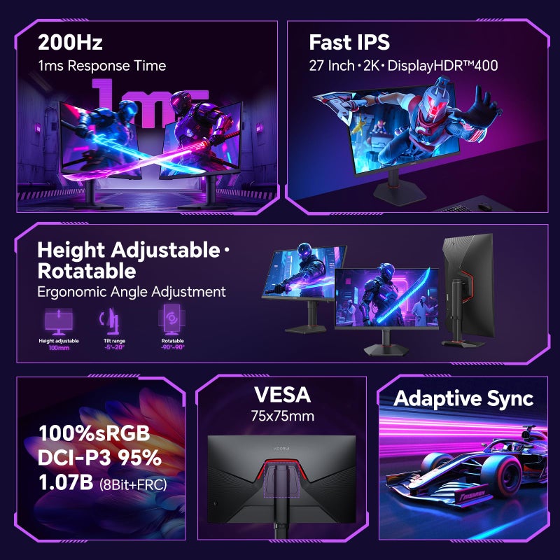 KOORUI 27 Inch 1440p Gaming Monitor 200Hz, 1ms, Fast IPS Screen, HDR400, 95% DCI-P3 Color Gamut, Height/Pivot/Tilt Adjustability, Adaptive Sync Technology, HDMI & DP Ports, 2K Monitor, Black, G2722P - Image 2