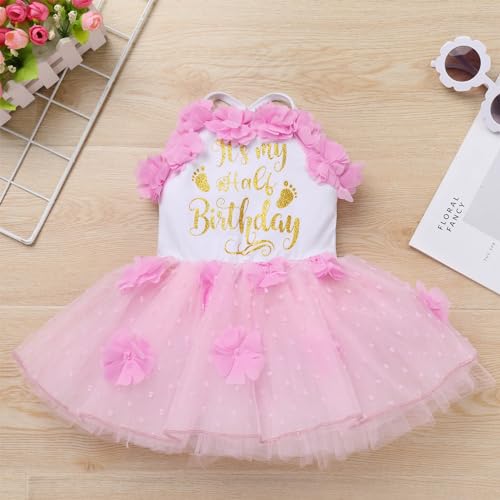 ODASDO Half Way to One Baby Girl Outfit Infant 12 Birthday Party Dress Its My Half Birthday Outfits Girls Princess Tutu Tulle Romper Dresses 6 Months Photoshooting Summer Casual Clothes Pink 69 Months - Image 3