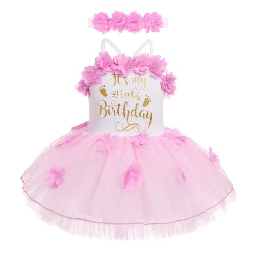 ODASDO Half Way to One Baby Girl Outfit Infant 12 Birthday Party Dress Its My Half Birthday Outfits Girls Princess Tutu Tulle Romper Dresses 6 Months Photoshooting Summer Casual Clothes Pink 69 Months - Image 1