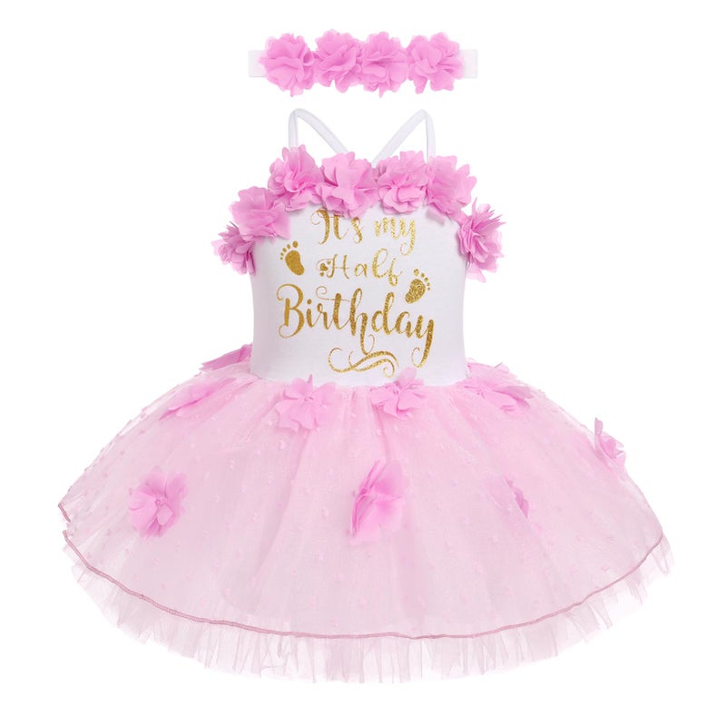 ODASDO Half Way to One Baby Girl Outfit Infant 12 Birthday Party Dress Its My Half Birthday Outfits Girls Princess Tutu Tulle Romper Dresses 6 Months Photoshooting Summer Casual Clothes Pink 69 Months - Image 2