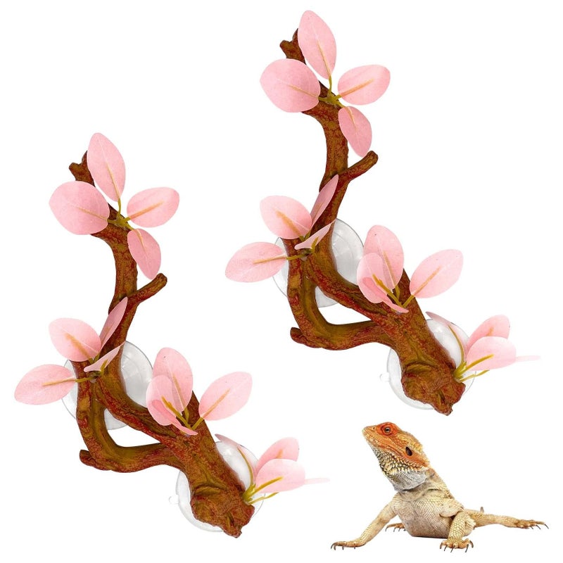 kathson 2 PCS Reptile Corner Branch Lizard Climb Branches Decor Terrarium Plant Decoration with Suction Cup Reptile Tank Plant Ornament for Bearded Dragons Gecko Snake Spider Frog Pink - Image 2