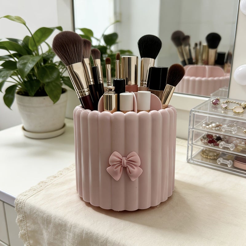2 Pcs Pink Storage Box And Bow Toiletries Organizer Cosmetics Storage Tube Rotating Dustproof Large Capacity Makeup Brush Lipstick Container Dressing Table Artifact - Image 1