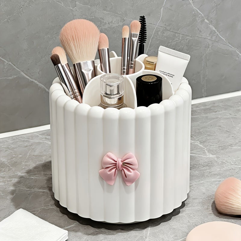 2 Pcs Pink Storage Box And Bow Toiletries Organizer Cosmetics Storage Tube Rotating Dustproof Large Capacity Makeup Brush Lipstick Container Dressing Table Artifact - Image 2
