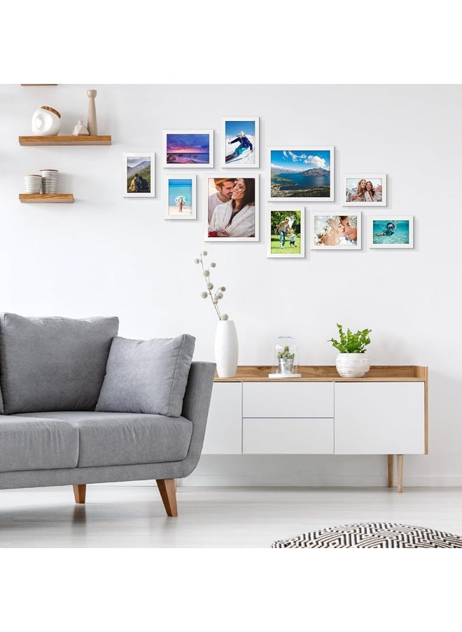 10 Pack Picture Frames Collage Wall Decor with Glass, Gallery Wall Frame Set for Wall Mounting or Tabletop Display, Multi Sizes Including 8x10, 5x7, 4x6 Family Photo Frames (White)